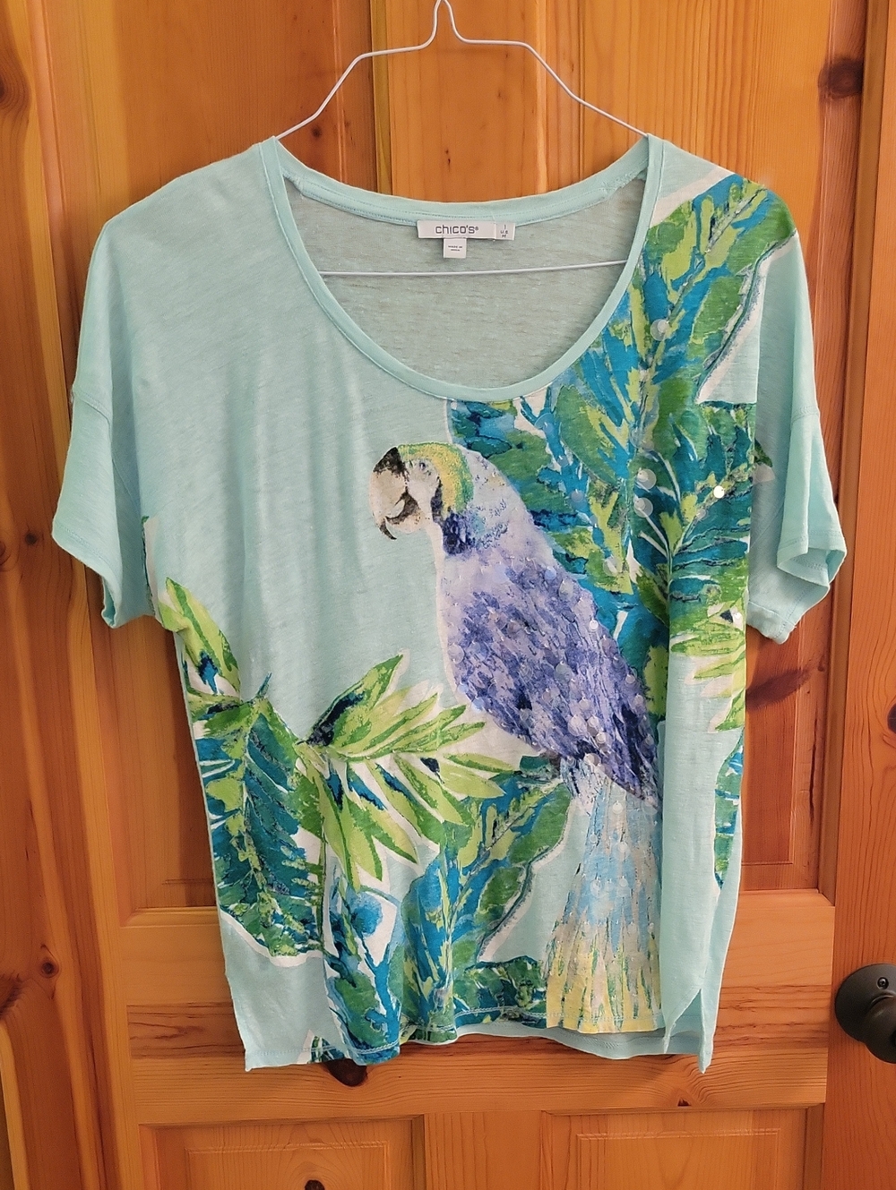 Chico's Mint Green Tee with Tropical Parrot Print